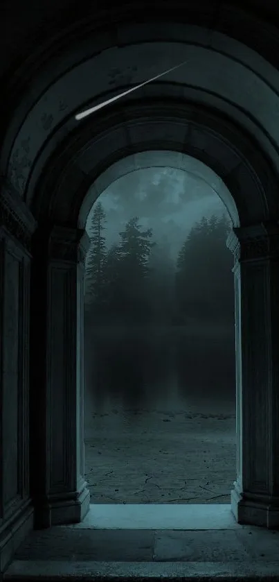 Mystical archway leading to a dark forest under a starry night sky.