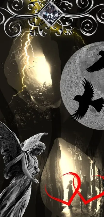 Mystical art wallpaper with angels, ravens, and moon.