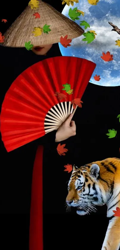 Mystical Asian scene with red fan, tiger, and moon in a vibrant night setting.