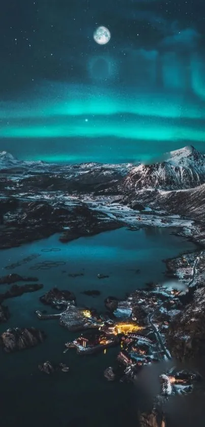 Enchanting aurora borealis over rugged mountains at night.