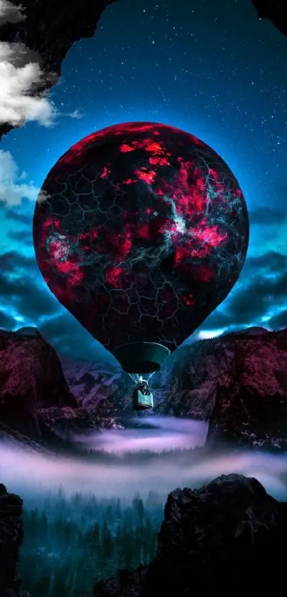 Surreal hot air balloon floating over mystical mountains at night.