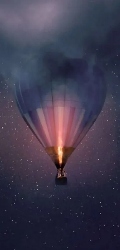 Hot air balloon sailing in starry night sky with mystical clouds.