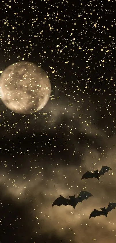 Night sky with moon and flying bats in dark, mystical atmosphere.