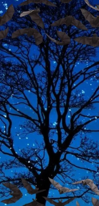 Mobile wallpaper of bats flying across a starry night sky with a dark tree silhouette.