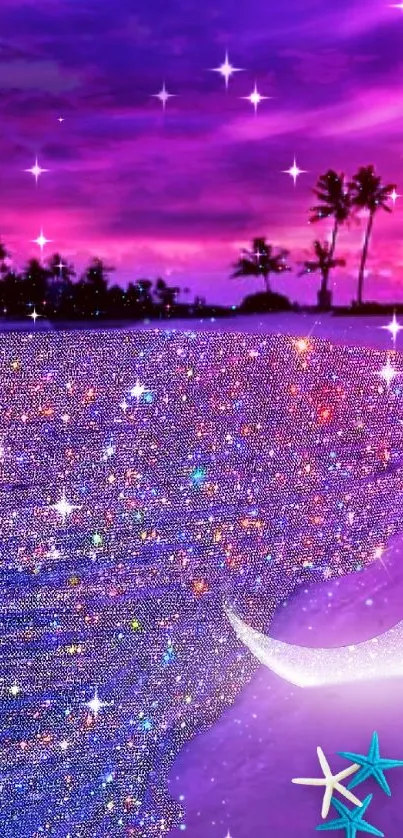 Glittering beach under a purple sky.