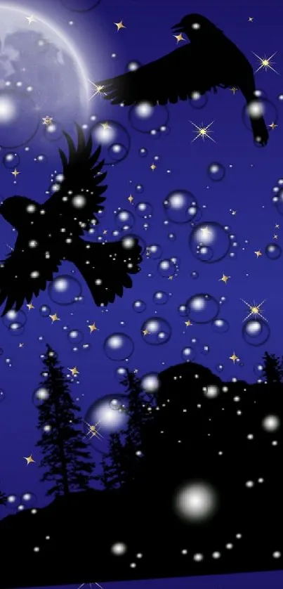 Silhouetted birds and bubbles in a mystical blue night sky wallpaper.