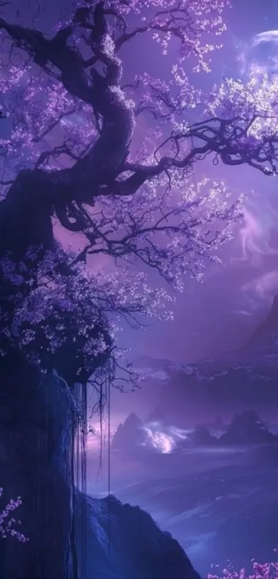 Mystical night scene with cherry blossoms and a purple sky.