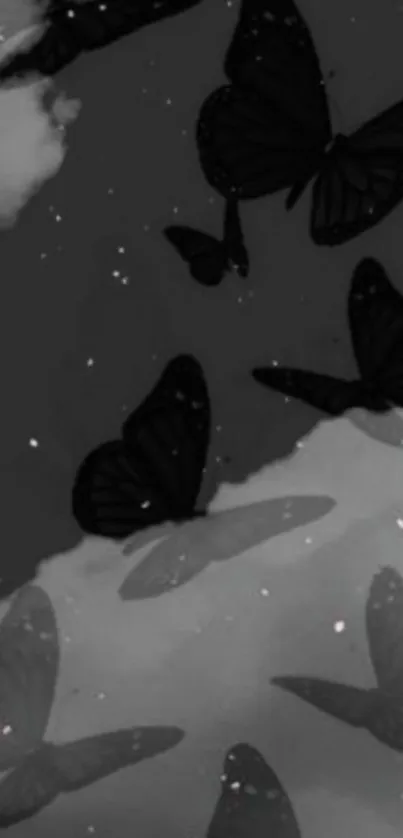 Mystical night scene with black butterflies against a cloudy, starry sky.