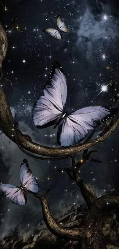Mystical butterflies in a starry night sky.