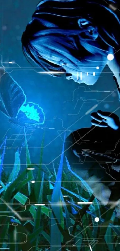 Mystical blue-haired figure with butterfly in nighttime digital scene.