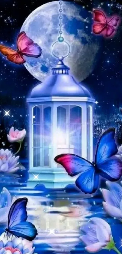 Vibrant butterflies flutter around a glowing lantern on a moonlit night.