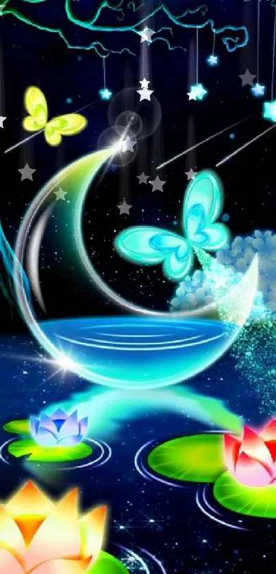 Mystical wallpaper with butterflies, lotus, and a starry night sky.