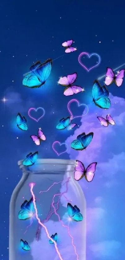 Magical night scene with butterflies and moonlit sky.