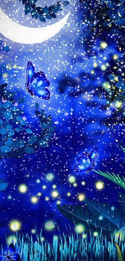 Mystical night scene with butterflies and moon.