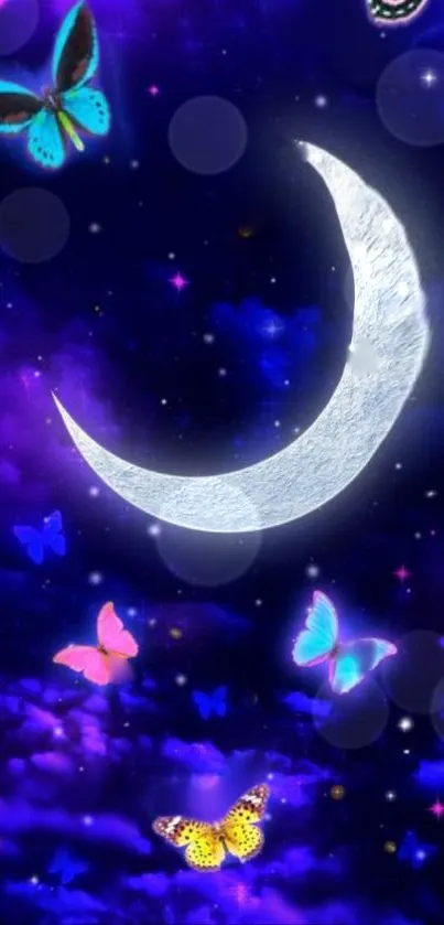 Mystical night wallpaper with moon and glowing butterflies.