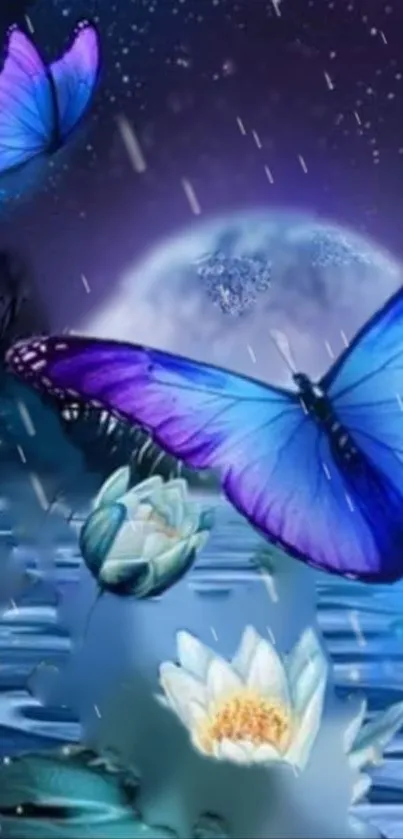 Fantasy wallpaper with blue butterflies and moonlit water.