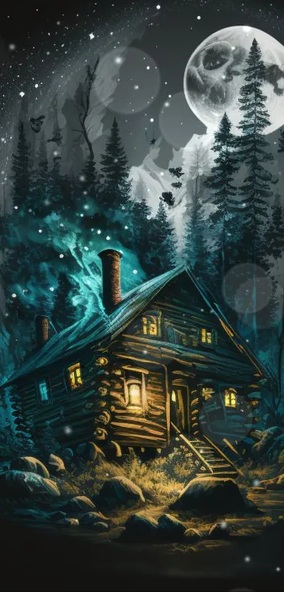 Mystical cabin under a full moon in a enchanted forest night scene.