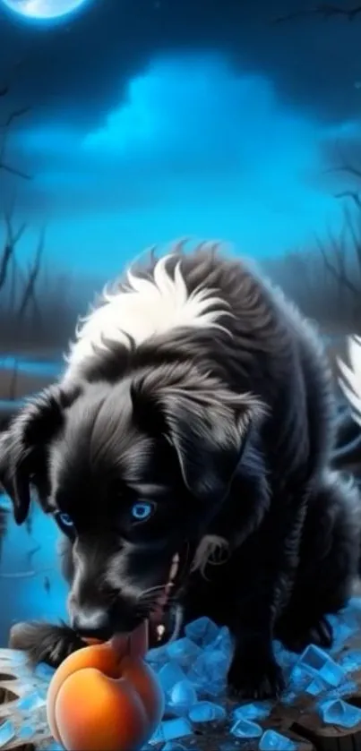 A mystical dog in a moonlit fantasy forest.