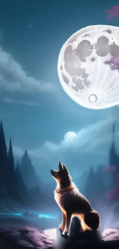 Canine gazing at a luminous moon in a mystical night landscape.