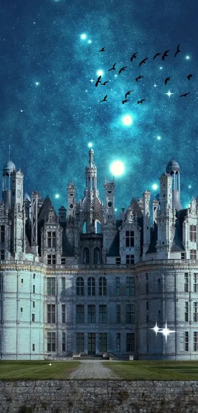 Enchanting night castle under starry sky wallpaper.