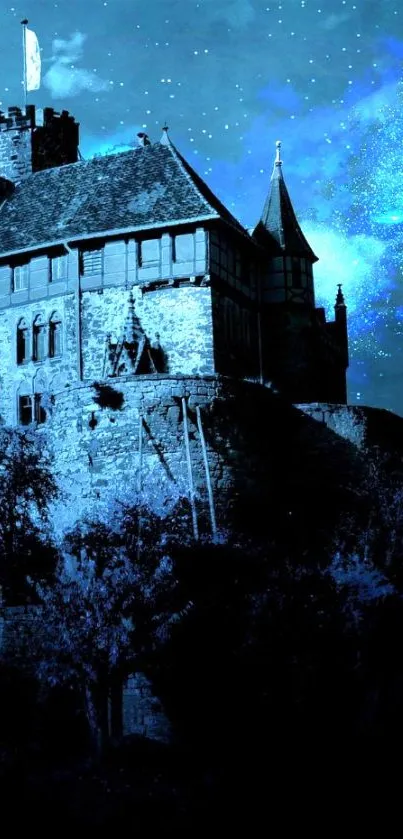 Mystical night castle with blue starry sky.