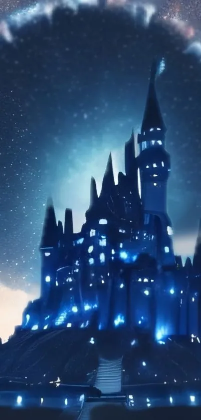 Mystical castle under a starlit night sky with deep blue hues and starry glow.