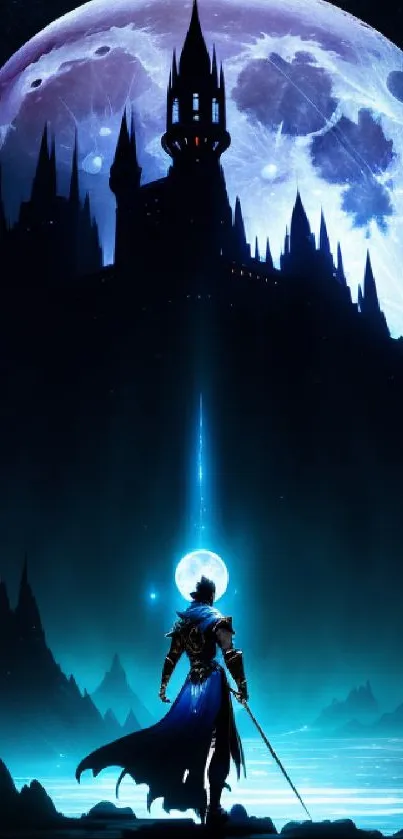 Hero facing castle under a full moon, with an enchanting deep blue sky.