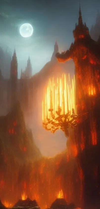 Mystical glowing castle at night with warm orange hues.
