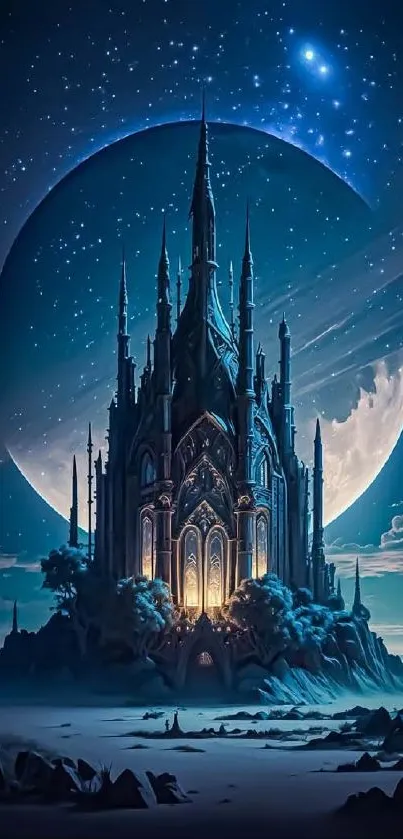 A mystical castle under a moonlit starry sky, perfect mobile wallpaper.