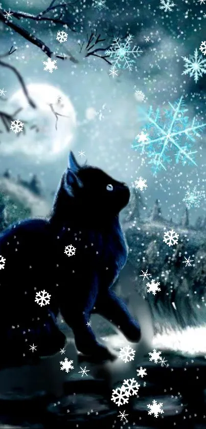 Black cat with snowflakes in a moonlit winter night scene.