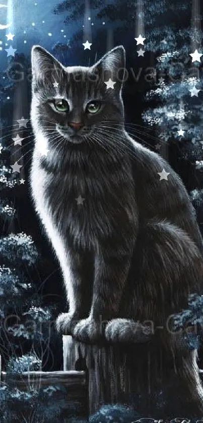 Mystical cat sitting under a starry night sky with a crescent moon.