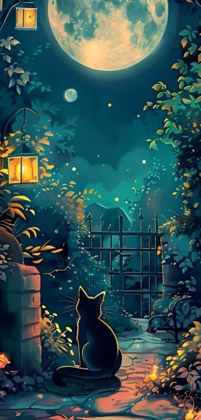 A mystical cat sits under a bright full moon in an enchanted garden at night.