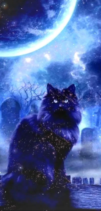 Mystical cat under a starry blue night sky.