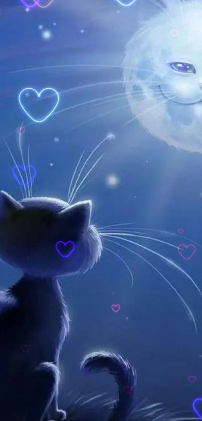 Mystical cat gazing at a smiling moon, under a starry sky. Perfect phone wallpaper.