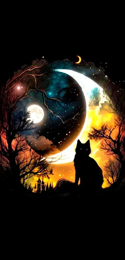 Silhouette of a cat against a crescent moon, surrounded by a mystical night scene.