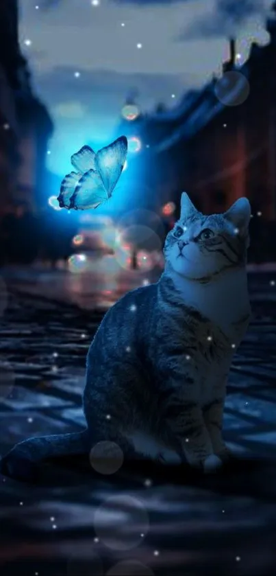 Cat gazes at glowing butterfly in dark urban setting.