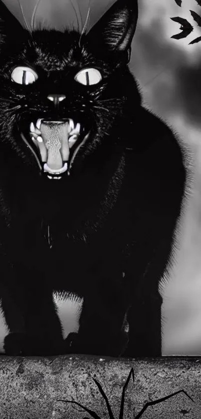 Black cat with glowing eyes under a full moon at night.