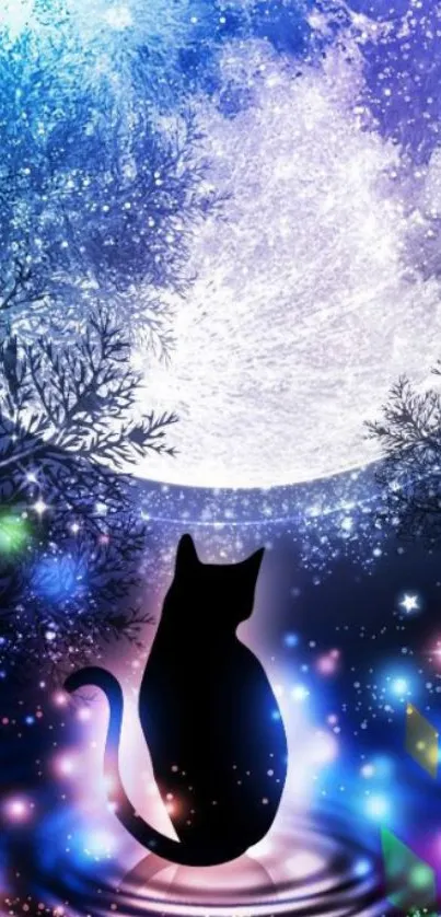 Silhouette of a cat under a mystical blue night sky with bright colorful lights.