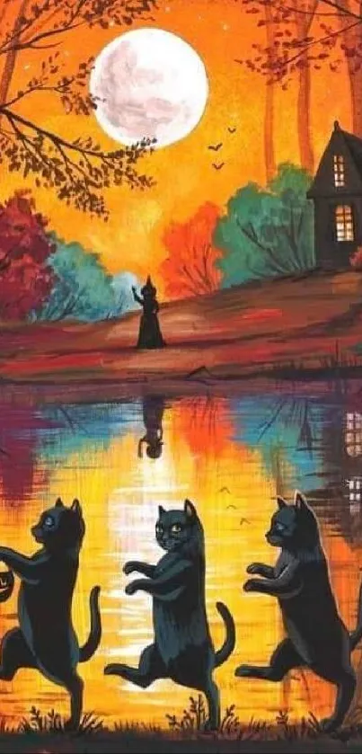 Cats dancing under a full moon with a witch silhouetted in the background.