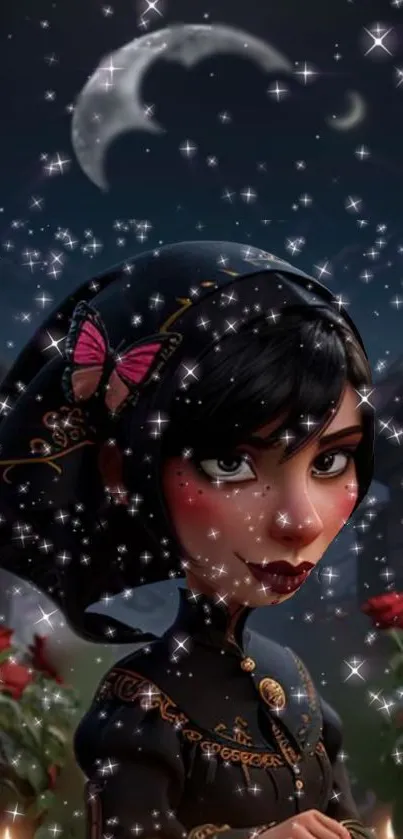 Mystical character with butterflies and starry night sky.