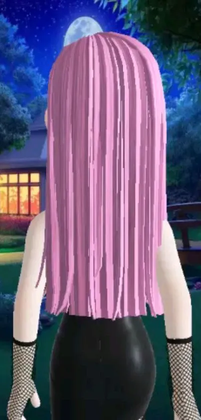 Anime character with pink hair under a moonlit sky.