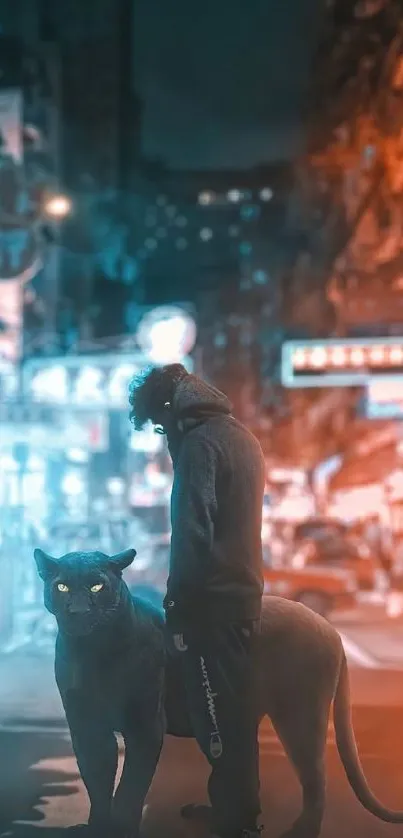 Mystical urban night scene with a figure and feline under neon lights.