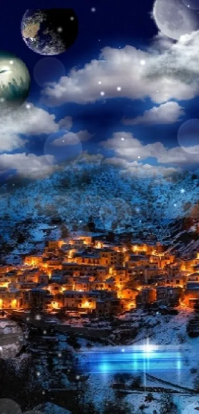 A mystical nighttime cityscape with glowing lights and a celestial sky, ideal for phones.
