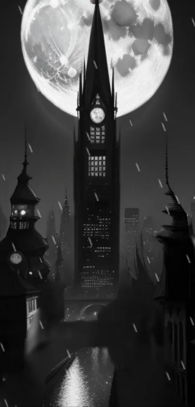 Gothic cityscape with a full moon and dark night sky.