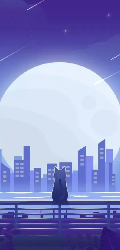 Purple night cityscape wallpaper with glowing moon.