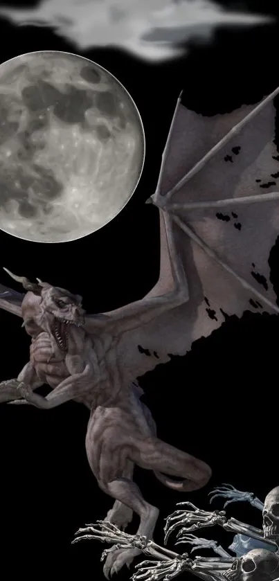 Mystical creature with moon and skeleton in gothic scene.