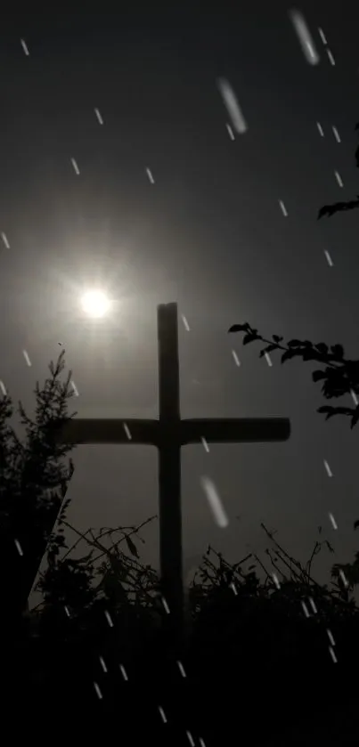 Mystical night wallpaper with cross silhouette and moonlit rain.