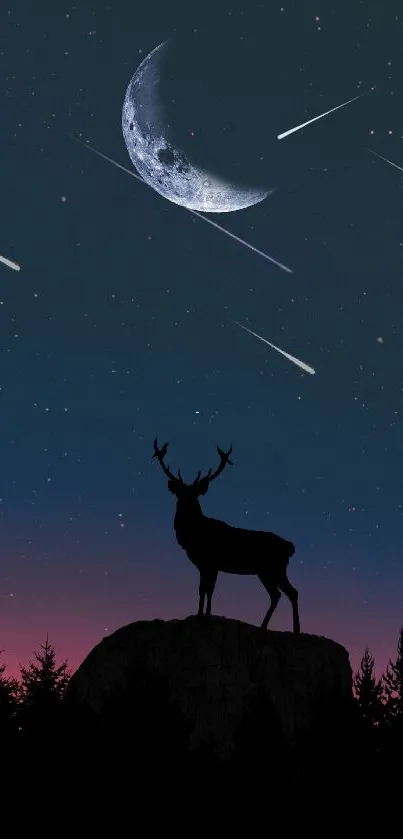 Deer silhouette beneath a starry sky and crescent moon on a mobile wallpaper.