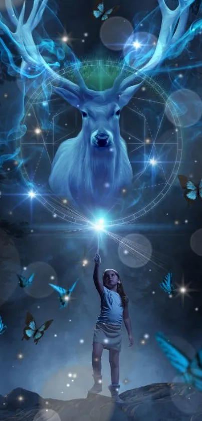 Girl reaches towards glowing mystical deer in starry night scene with blue butterflies.