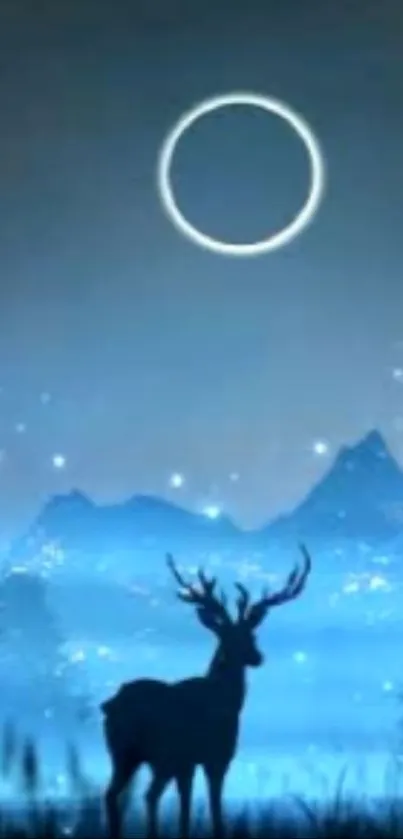 Silhouetted deer under a glowing moon with mountains and starry skies.